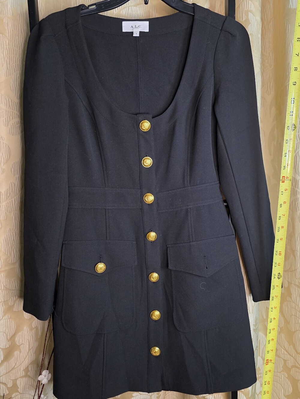 A.L.C. Mini Black Dress Sz 4 Long Sleevws Gold Buttons